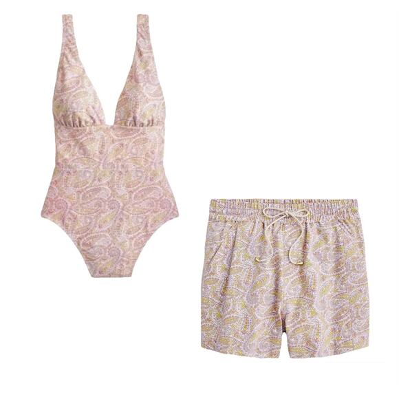 J.Crew Swimwear Matching Set - 6 - Swimsuit + Paddle Shorts, Purple Pink Paisley - Picture 1 of 16